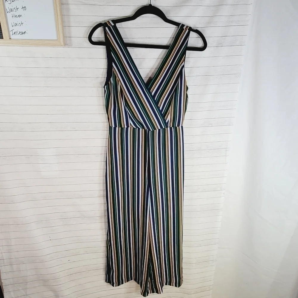 LULUS Allyson Navy Blue Multi Striped Tie-Back Culotte Jumpsuit, SZ Small Lulus